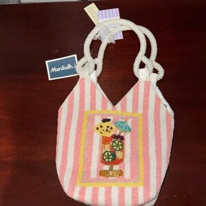 Marshalls Pink & White Beaded Stripe Shoulder Tote with Tropical Motif
